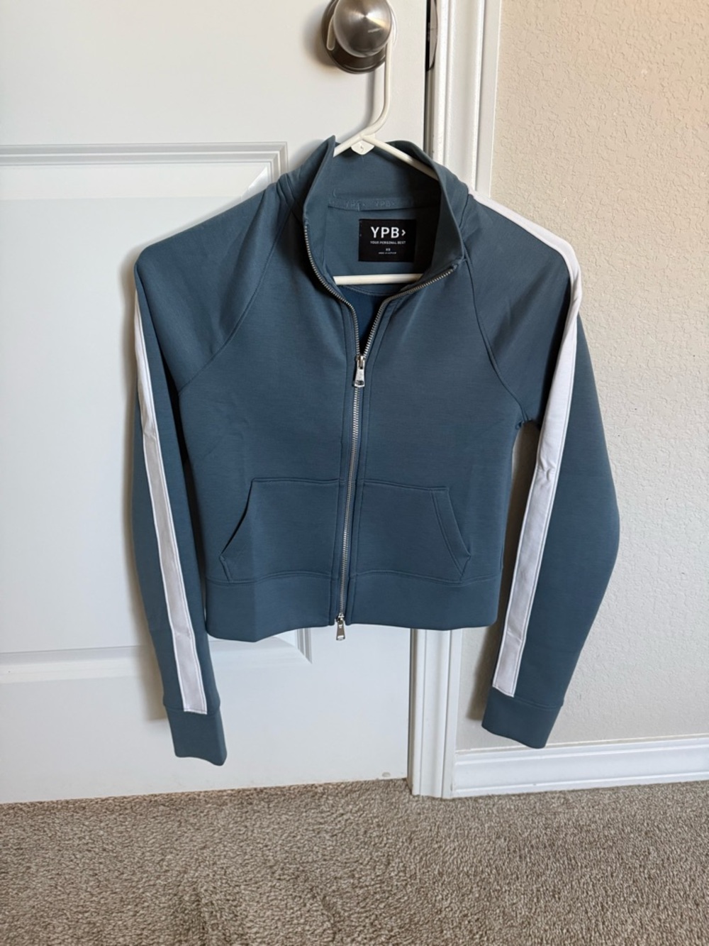 NWOT XS Abercrombie & Fitch Slate Blue Full-Zip Track Jacket with White Stripes